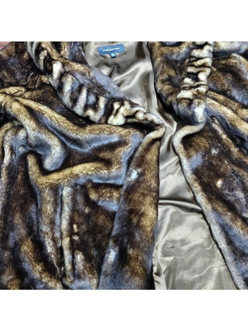 Jones New York Lux Brown Faux Fur Coat Hook Closure Hooded Coat Women's Size 1X - Picture 10 of 16